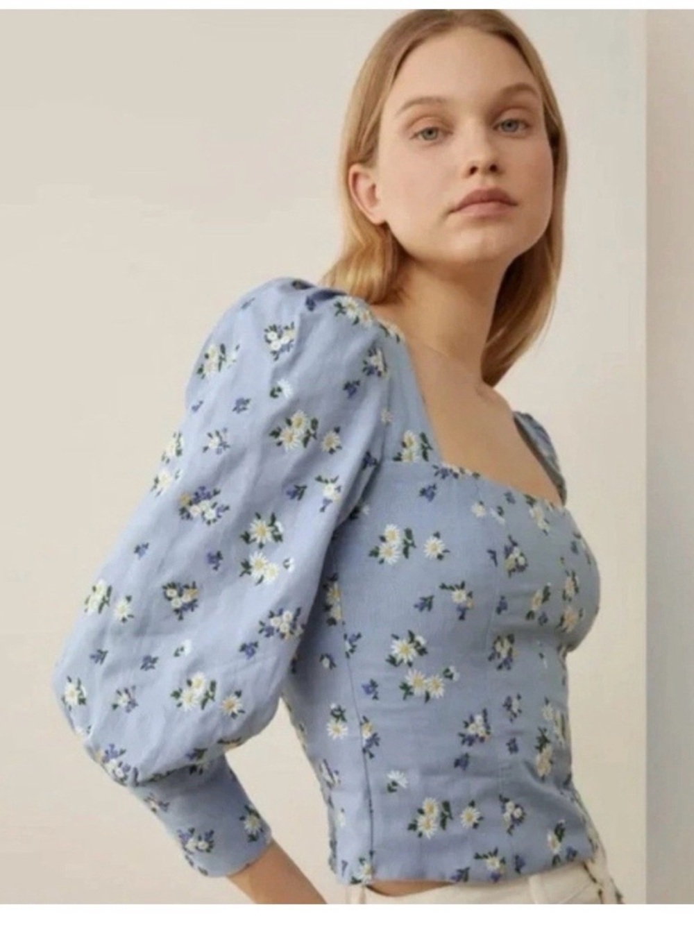 Rachel Zoe spring blue floral linen blend square neck puff shoulder top size S